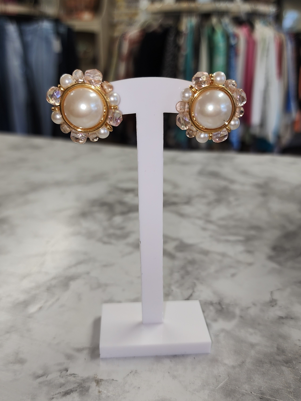 Vintage Classic Gold, Pearl, Pale Pink Cluster Earrings